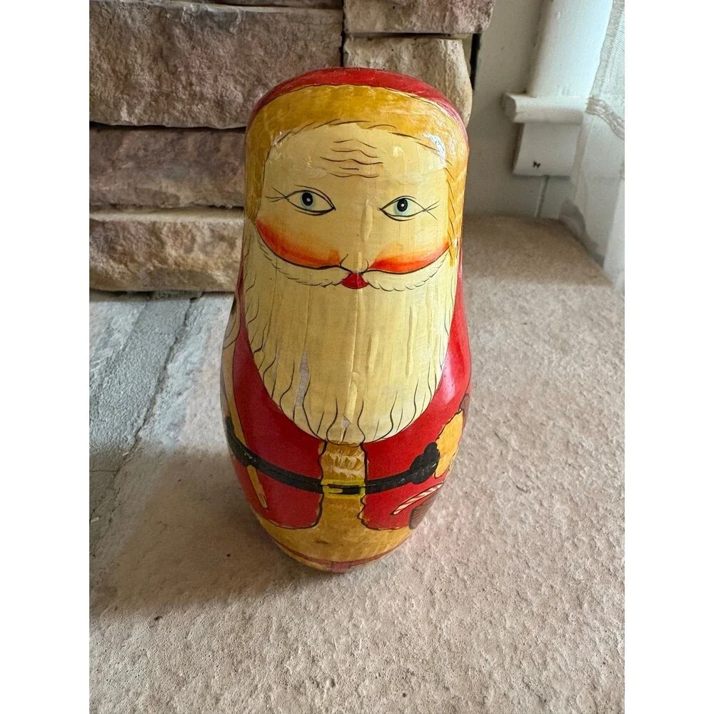 Vintage Russian Wooden Folk Art Hand Painted Nesting Santa with Children